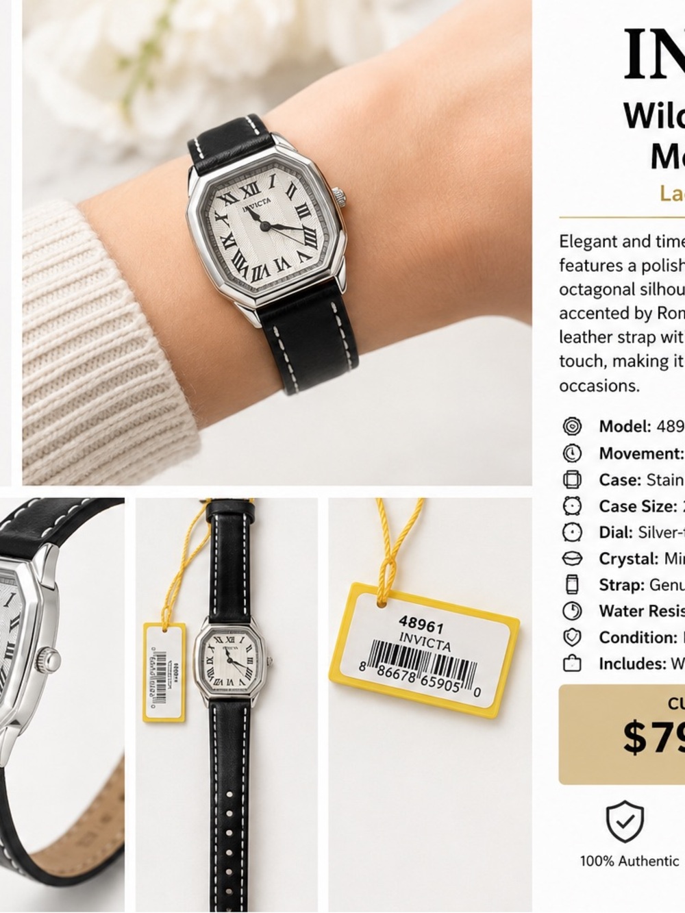 Invicta Women's Silver Octagonal Case Watch with Black Leather Strap